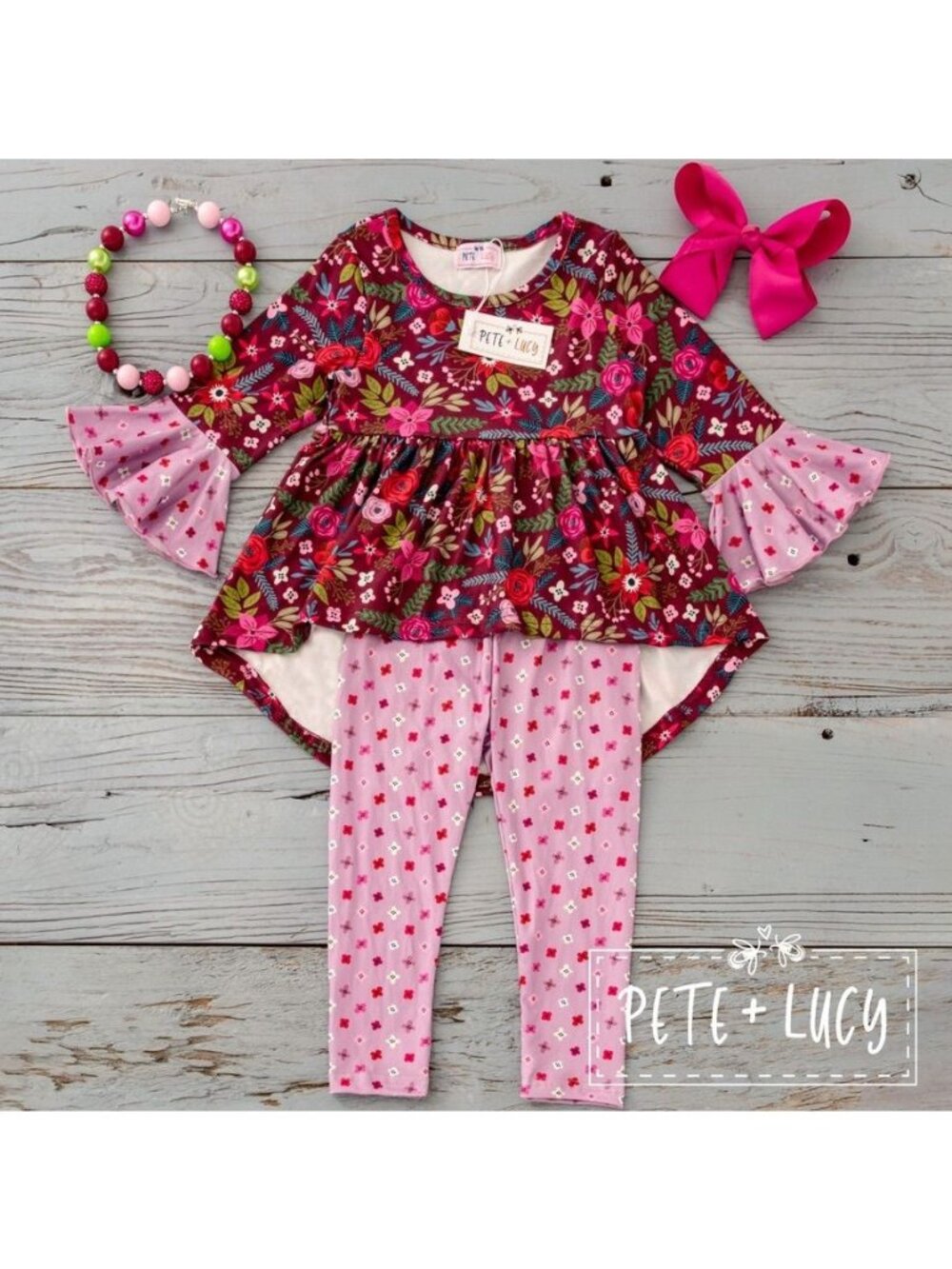 Pete + Lucy Baby Pants Set 6-12M Folkloric Floral Hi Low Long Sleeve New